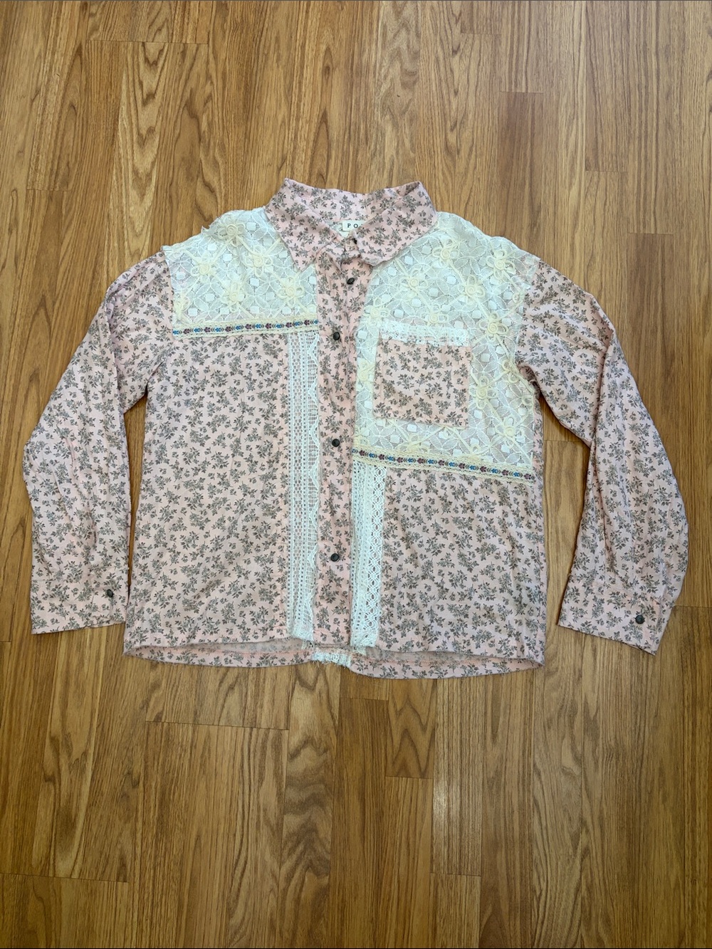POL Pink Floral Lace-Trim Button Down Shirt